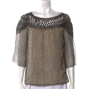 3.1 Phillip Lim Kojima Silk Shirt Blouse 100% Tan/Black Semi Sheer-Size 0 - EUC